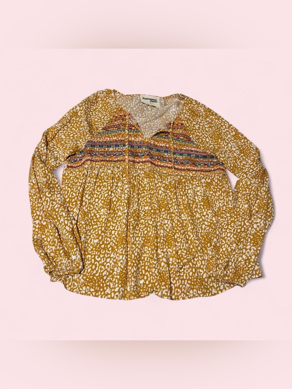 Savanna Jane Mustard Yellow Printed Peasant Blouse with Multicolor Embroidery